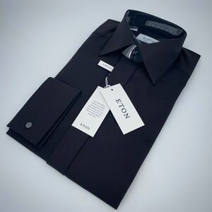 Eton Dress Shirt Mens S 14 1/2 - 37 Black Fine Twill‎ Stretch Contemporary Fit